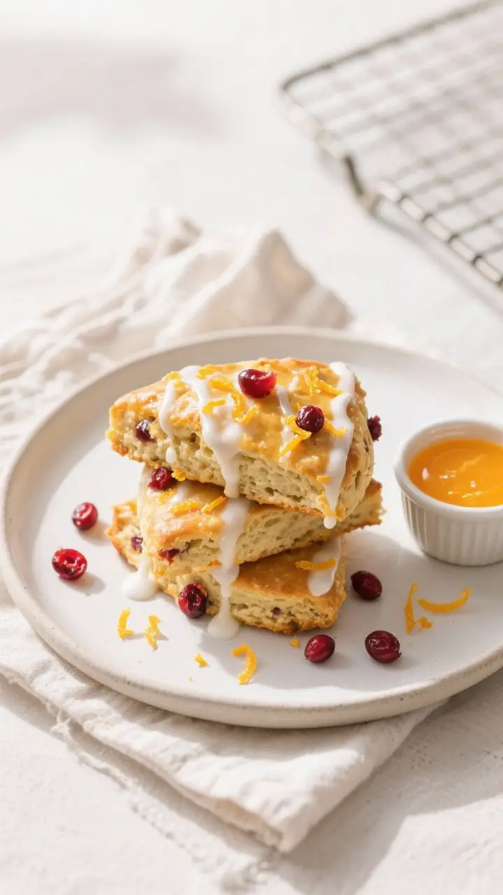 Final dish presentation: Beautifully plated cranberry orange scones drizzled with glossy orange glaz