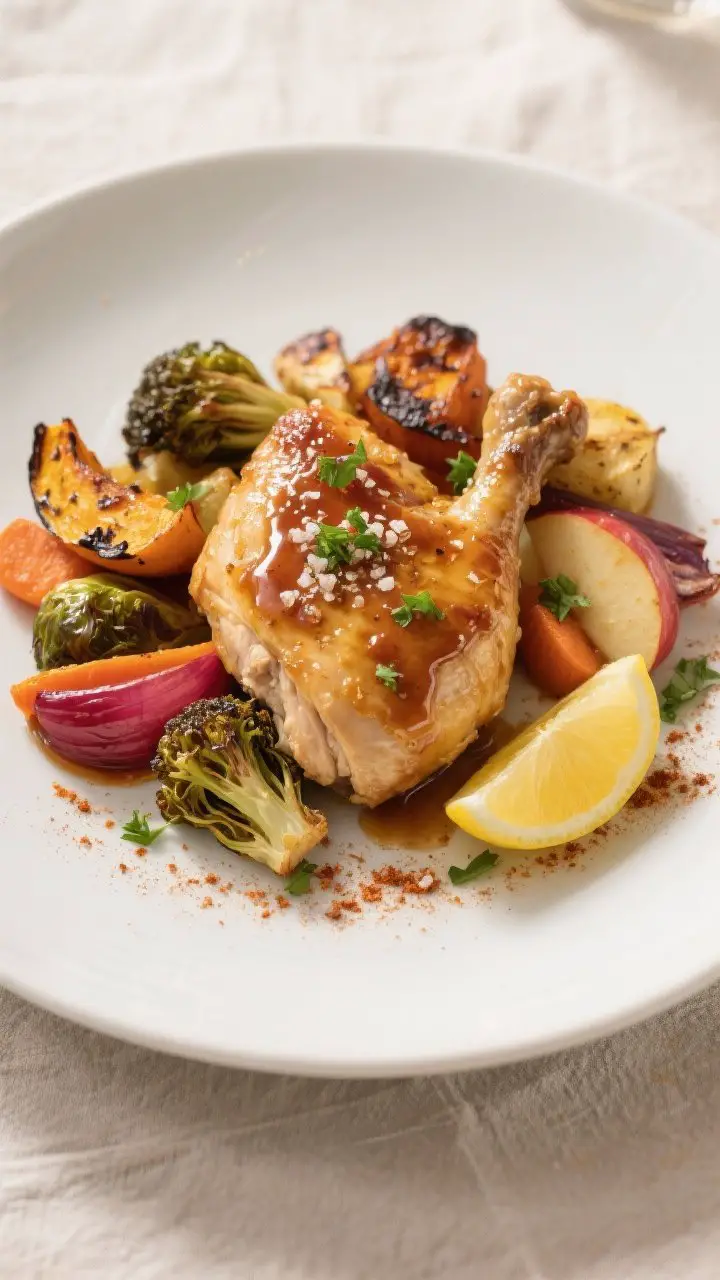 Final dish presentation: Beautifully plated Maple Dijon Chicken with Roasted Autumn Vegetables arran