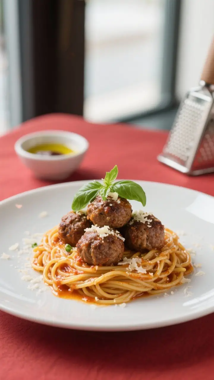 Final dish presentation: Beautifully plated spaghetti and Italian meatballs twirled into a neat nest