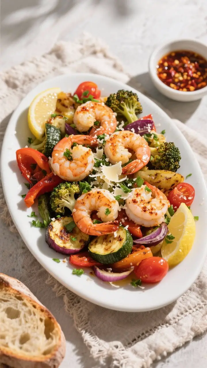 Final dish presentation: Garlic Butter Shrimp with Roasted Veggies plated family-style on a wide whi