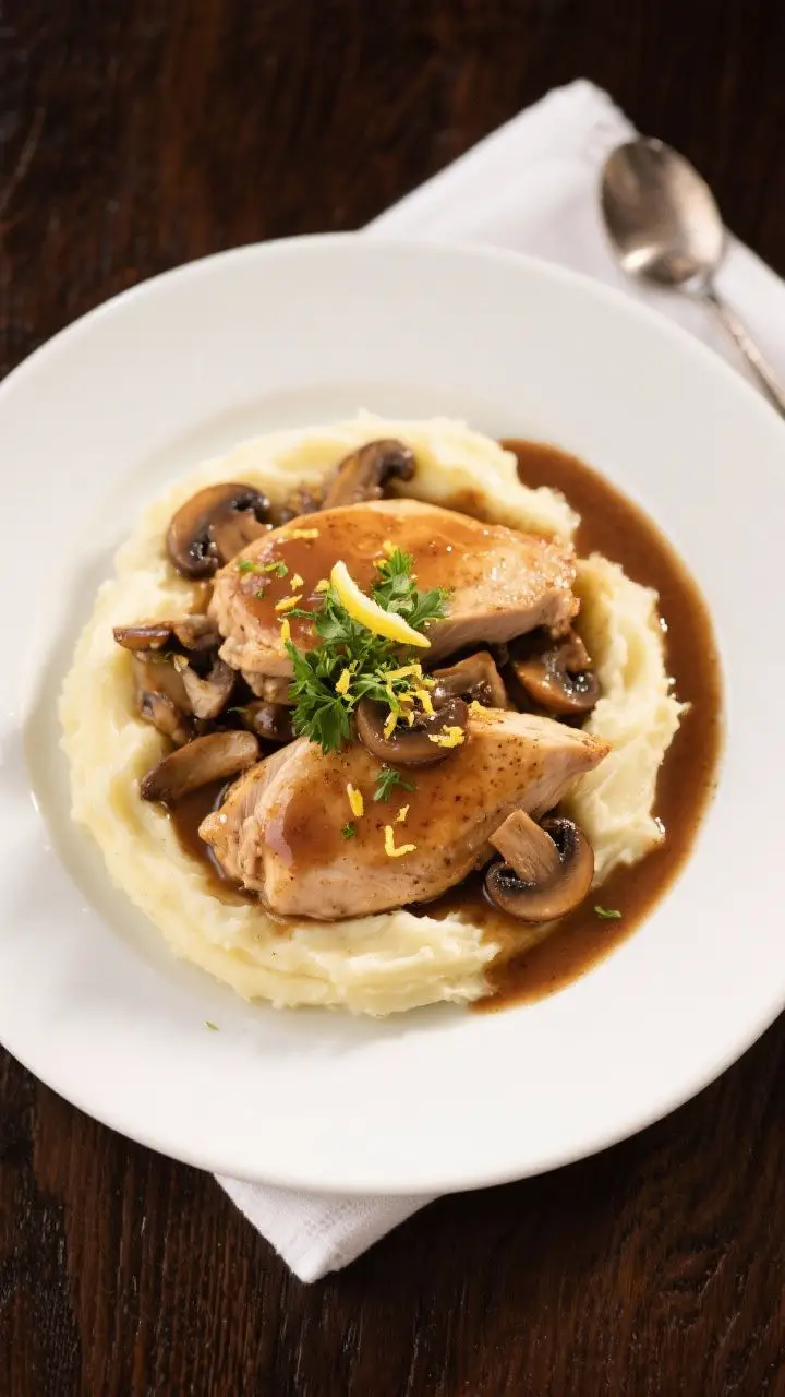Final dish presentation: Restaurant-quality plate of Italian Chicken Marsala served over buttery mas