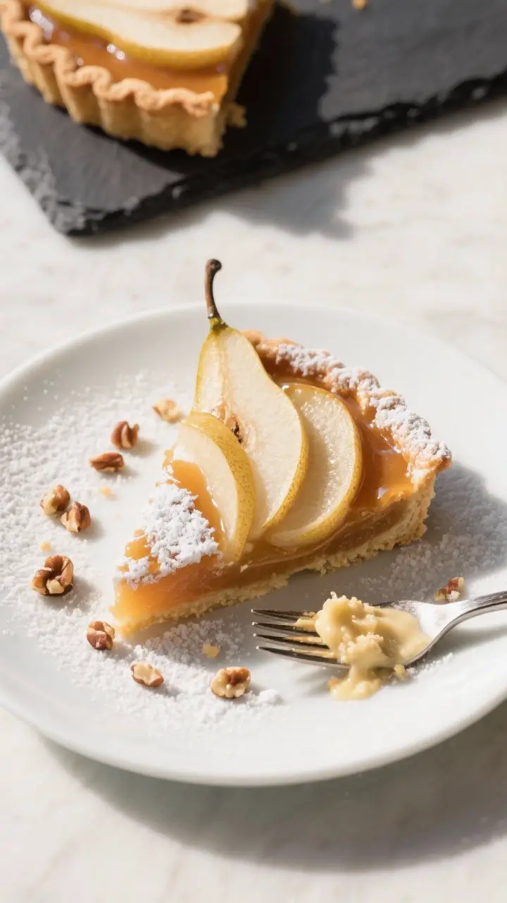 Final dish presentation: Restaurant-quality plated slice of Brown Butter Pear Tart on a matte white