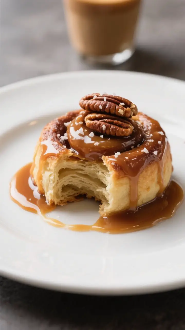 Final dish presentation: Restaurant-quality plated caramel pecan sticky bun on a matte white plate,