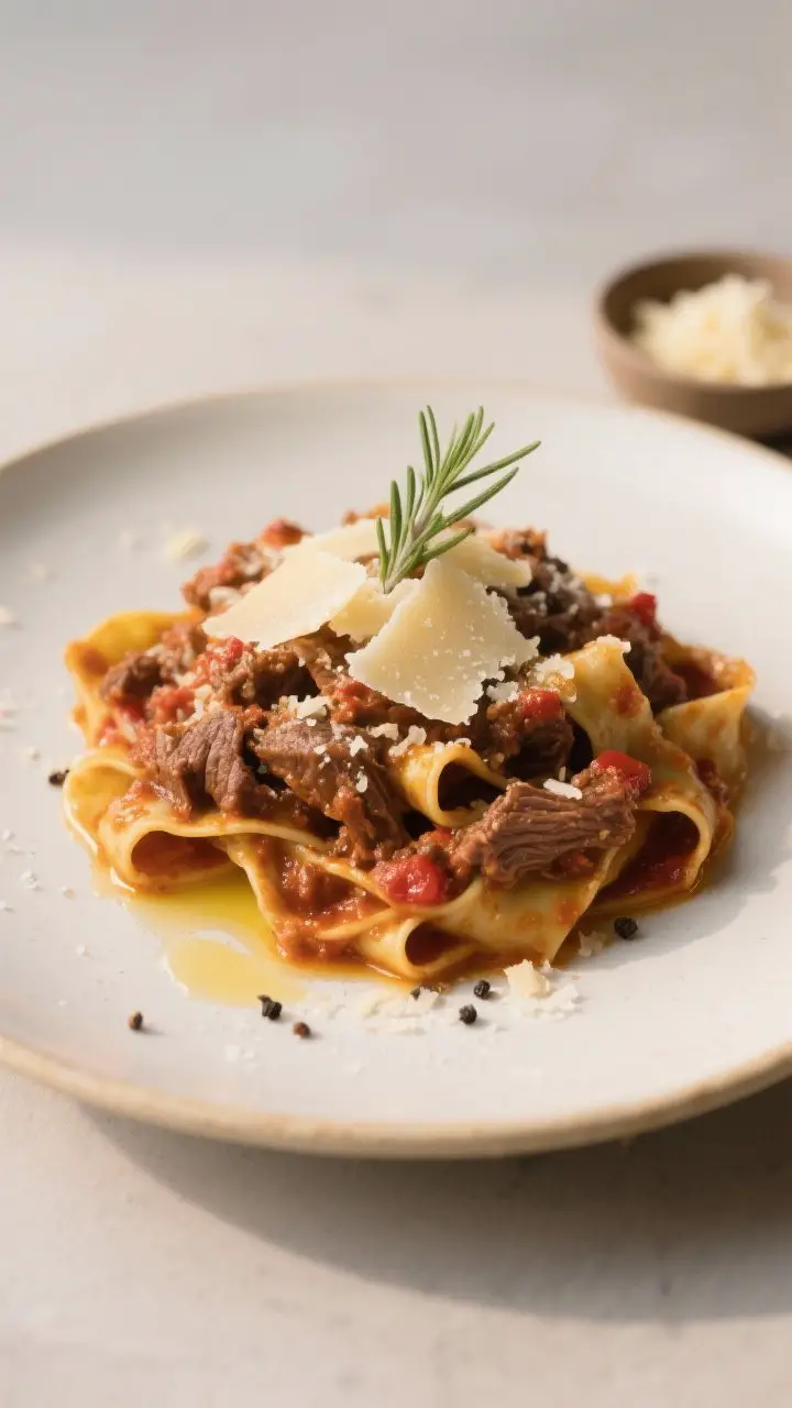 Final dish presentation: Restaurant-quality plating of pappardelle al ragu on a warm white ceramic p