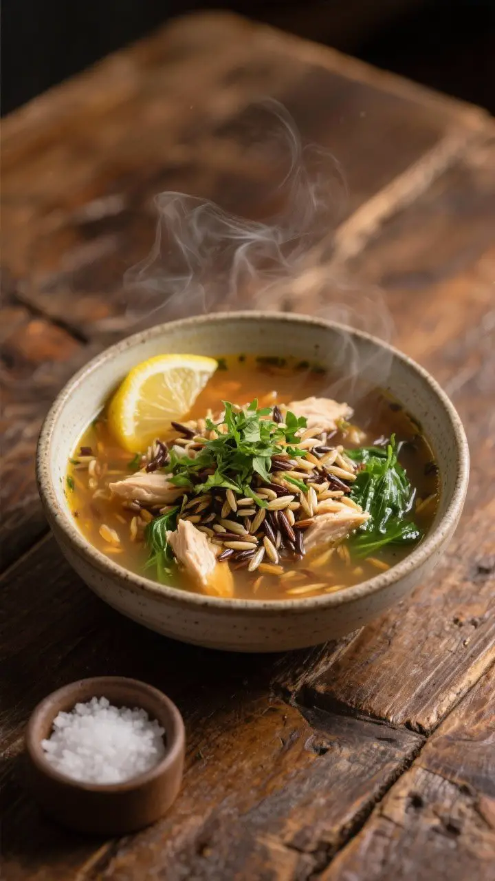 Final dish presentation: Restaurant-quality plating of brothy version of chicken and wild rice soup