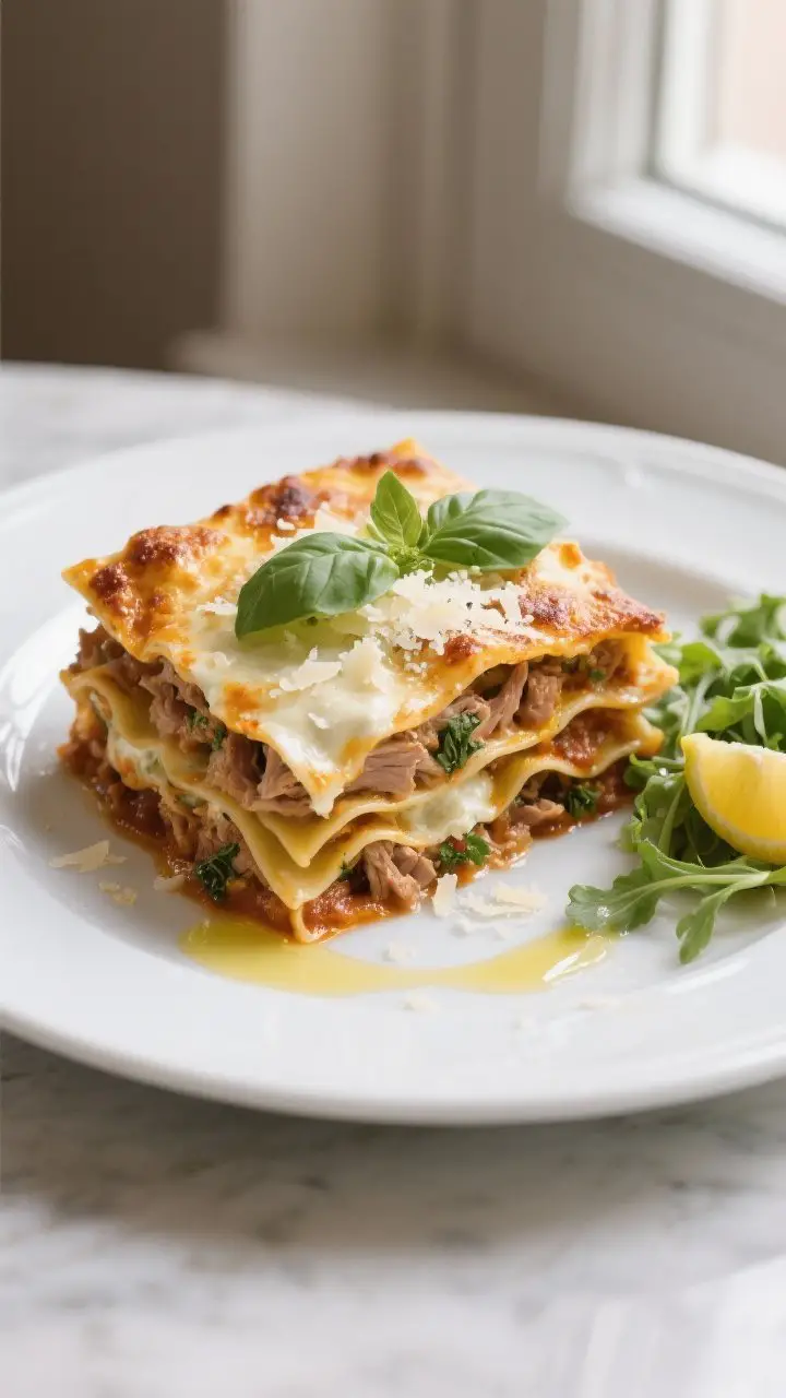 Final dish presentation: Restaurant-quality slice of Italian Turkey Lasagna plated on a white cerami