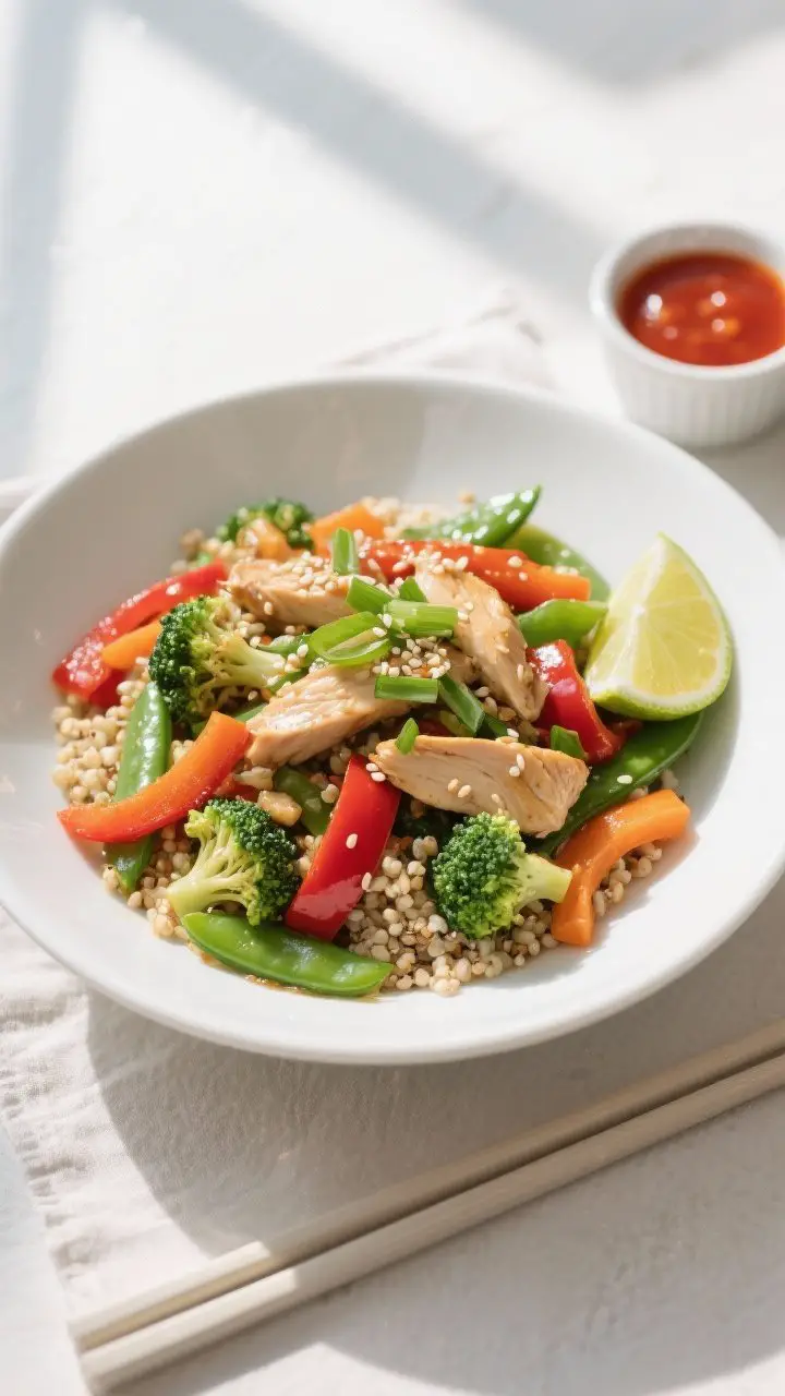 Final dish, tasty top view — Overhead plating of High-Protein Chicken and Quinoa Stir-Fry in a wid