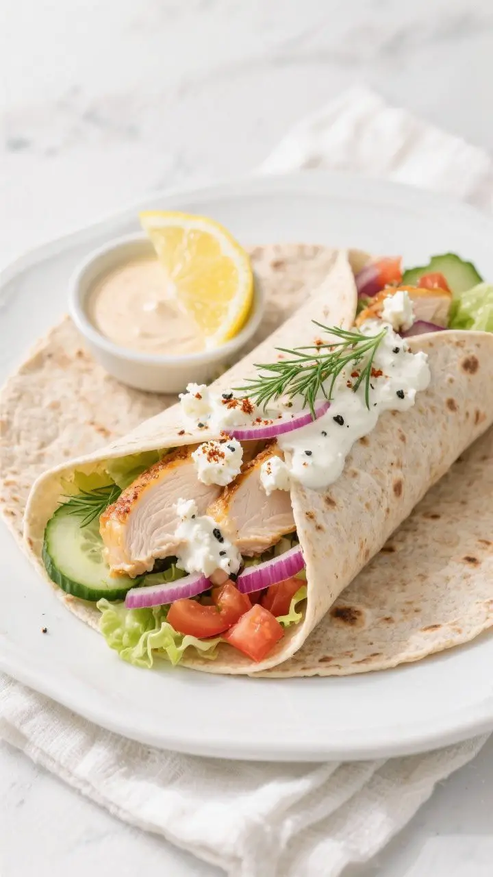 Final dish top view: Overhead shot of assembled high-protein Greek yogurt marinated chicken wrap on