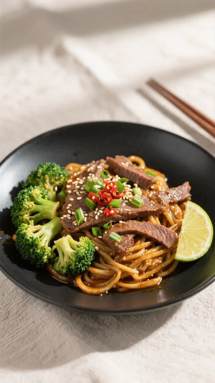 Final dish top view: Overhead shot of Spicy Beef and Broccoli Noodles plated in a matte black shallo