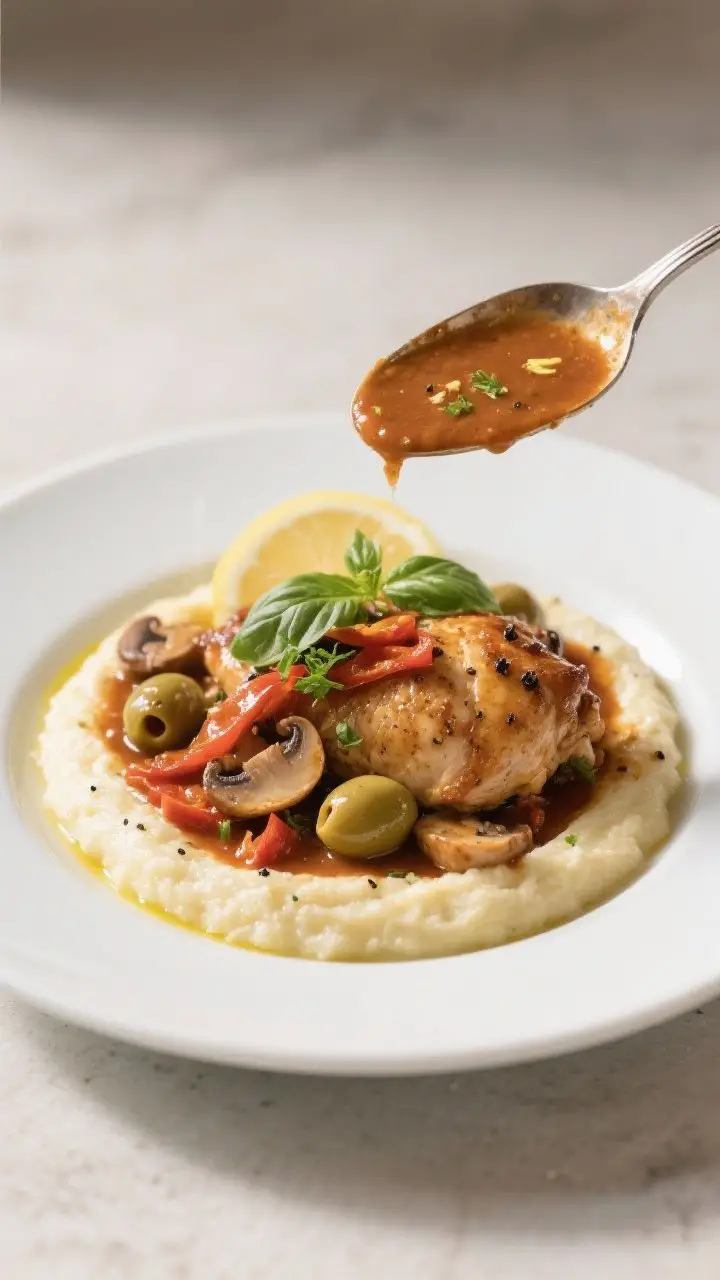 Final plated dish: Beautifully plated Chicken Cacciatore over creamy polenta on a wide, white rimmed
