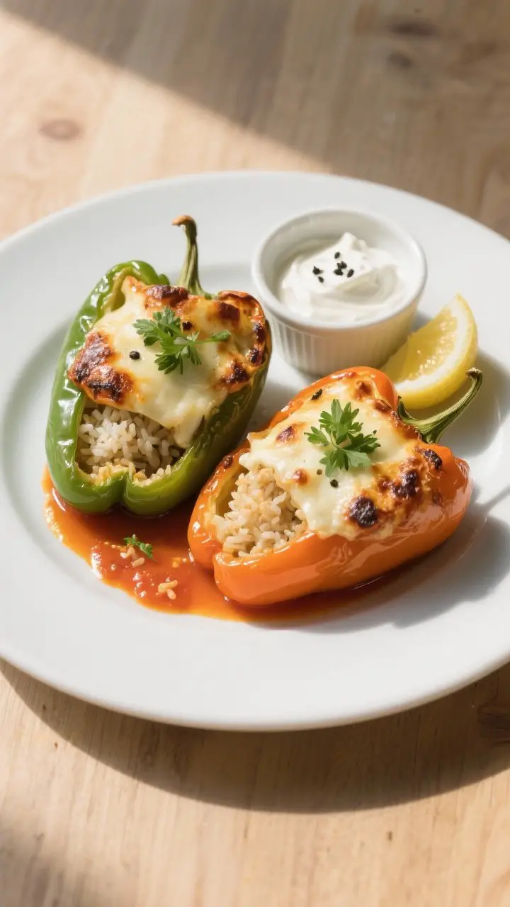 Final plated dish: Restaurant-quality presentation of two finished stuffed peppers (one green, one o