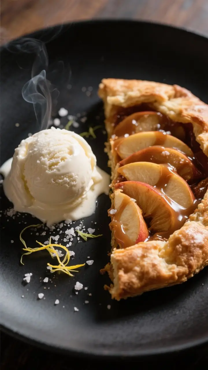 Final plated dish: Restaurant-quality presentation of a sliced wedge of bourbon caramel apple galett