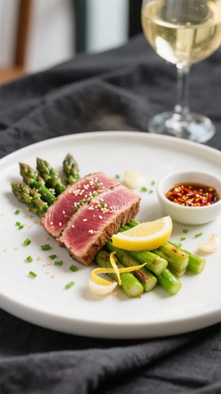 Final plated dish: Sliced seared tuna fanned over lemon-garlic asparagus on a matte white plate, rub