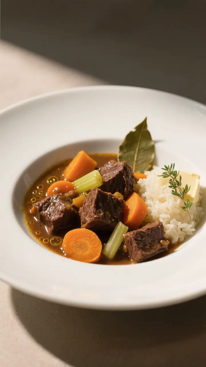 Final plated hero: Beautifully plated stew in a wide, shallow white bowl to showcase depth and color