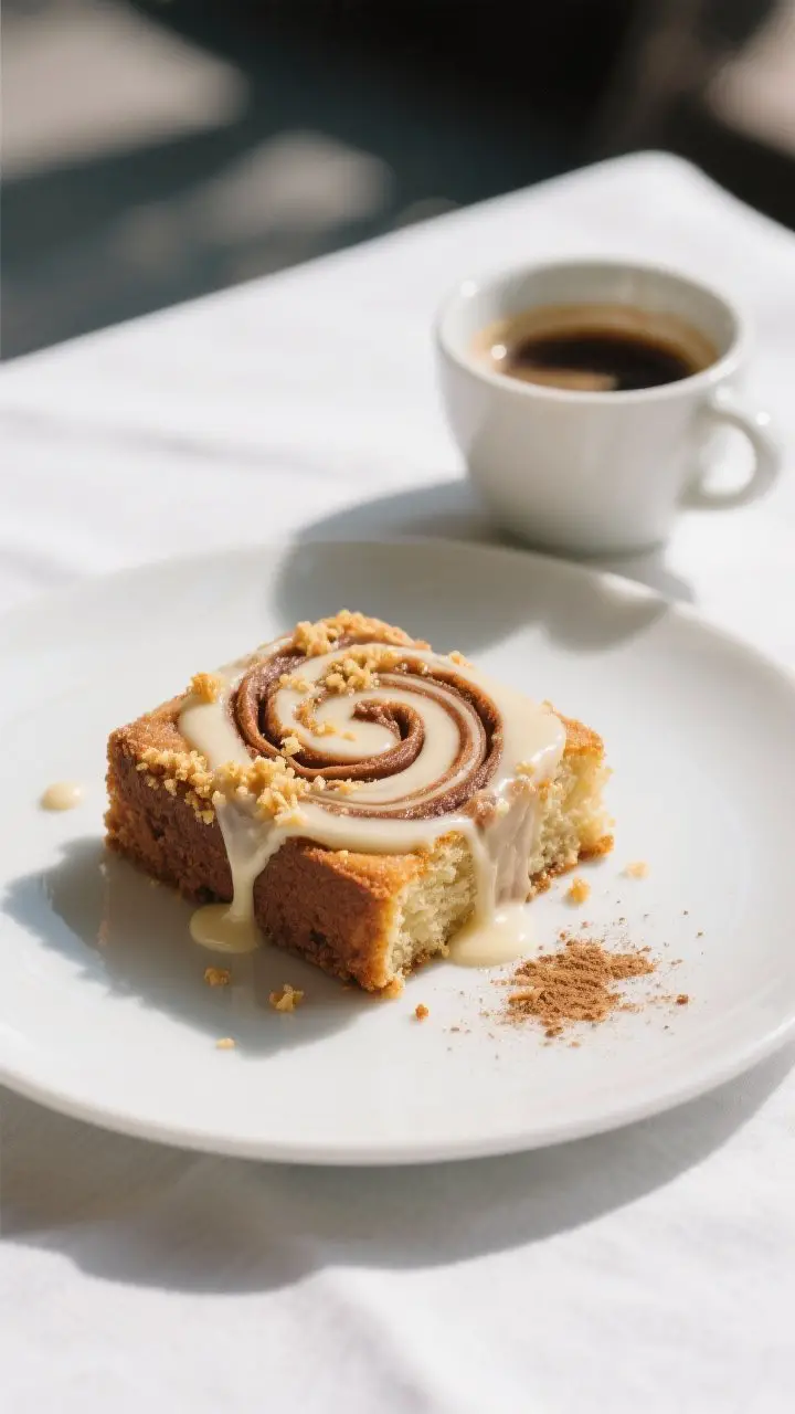 Final presentation: Restaurant-quality plated square of Cinnamon Swirl Coffee Cake with a light vani