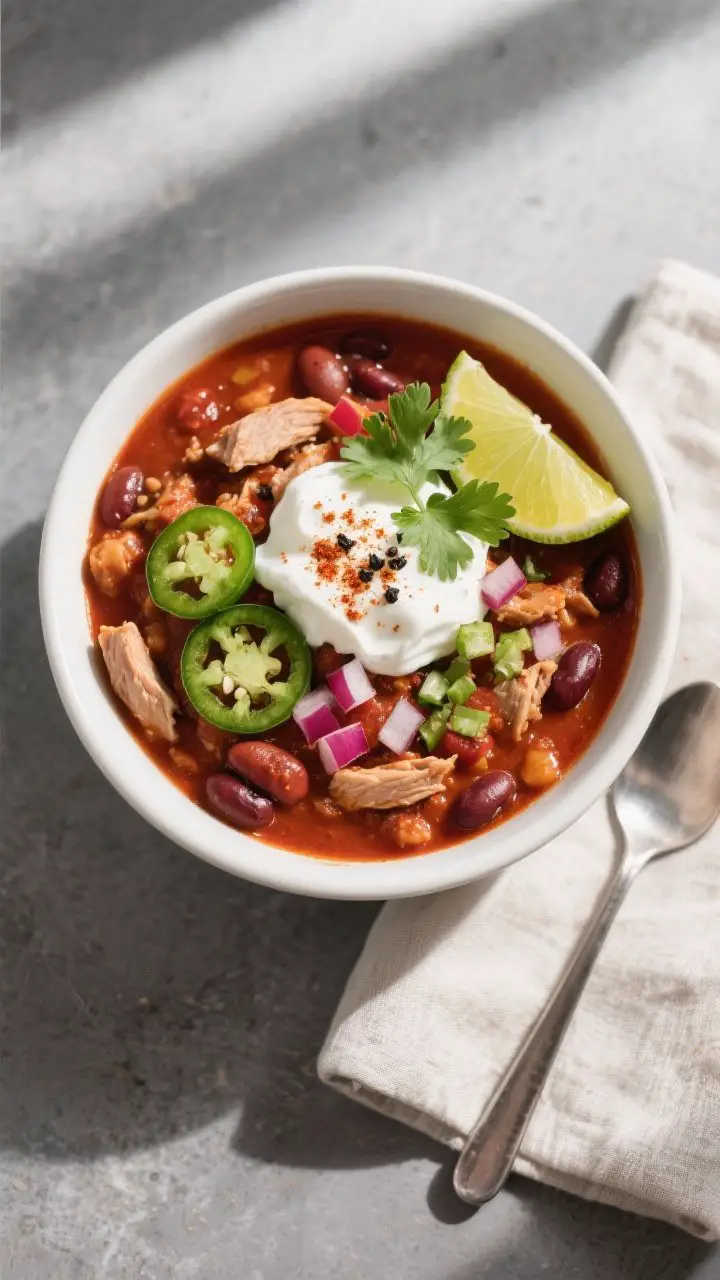 Overhead tasty top view: Final bowl of High-Protein Turkey and Bean Chili, deep-rust red with hearty