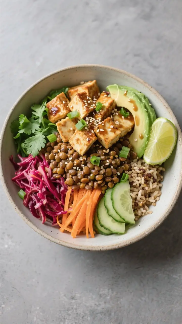 Tasty top-view final bowl: Overhead shot of the High-Protein Lentil and Tofu Bowl fully assembled. B