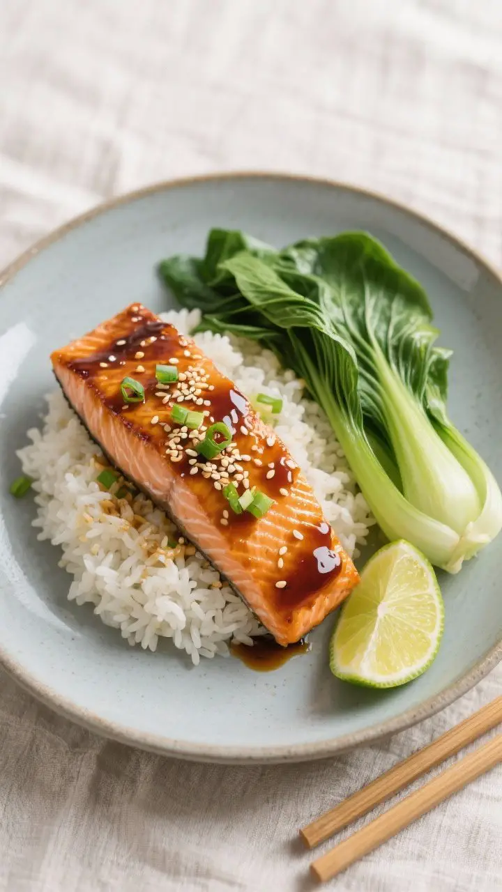 Tasty top view final plate: Overhead shot of a restaurant-quality plate—miso-glazed salmon fillet