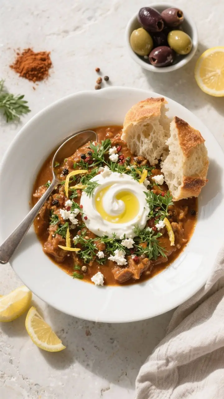 Tasty top view – final plated bowl with sides: Overhead shot of a wide, white bowl filled with the