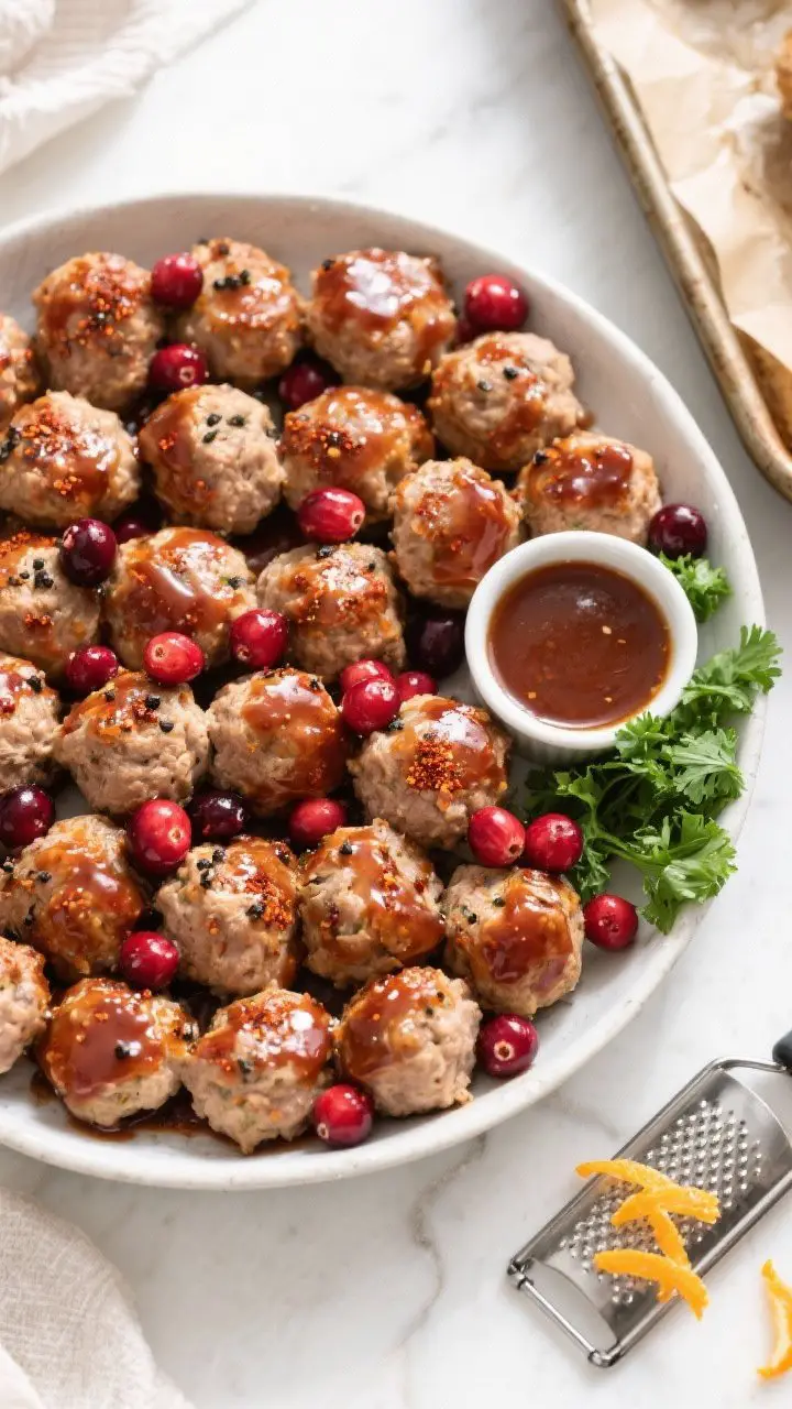 Tasty top view: Overhead shot of a buffet-style spread featuring a shallow bowl of cranberry-glazed