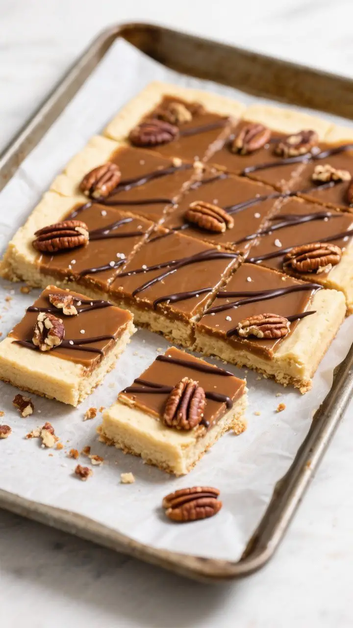 Tasty top view: Overhead shot of a parchment-lined 9x13 pan of fully cooled Maple Pecan Shortbread B