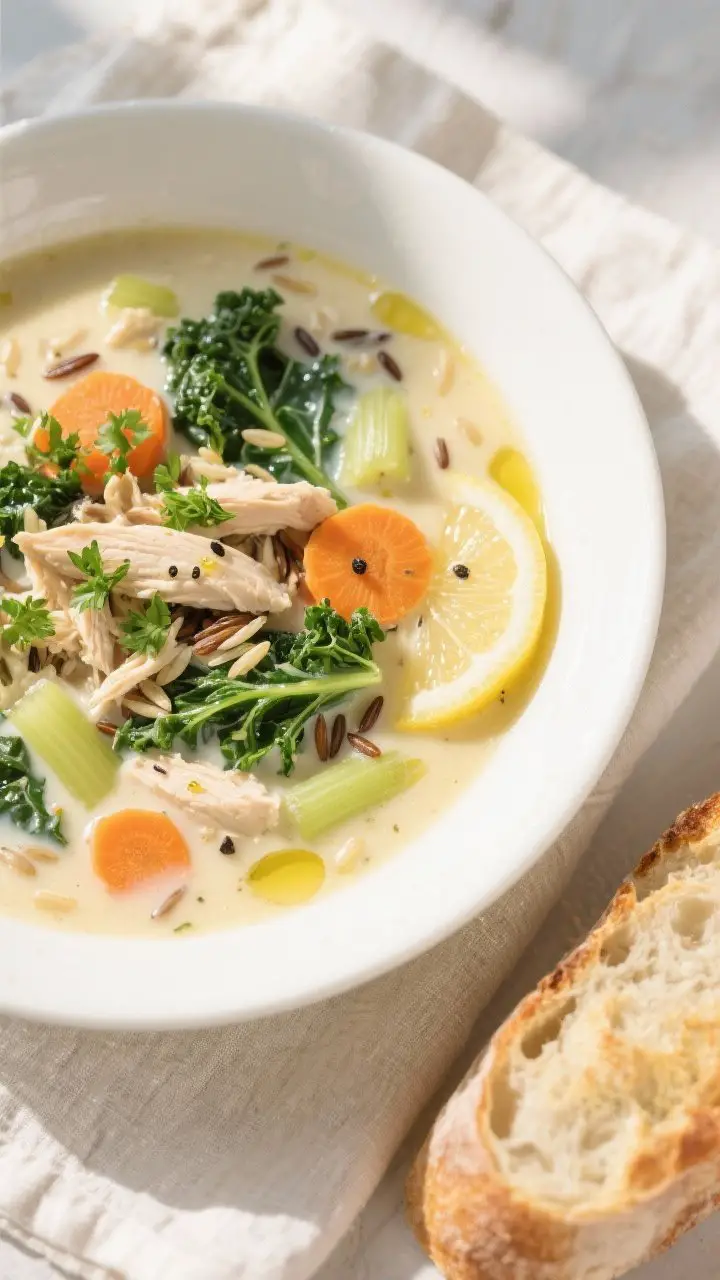 Tasty top view: Overhead shot of creamy chicken and wild rice soup just finished, thickened lightly