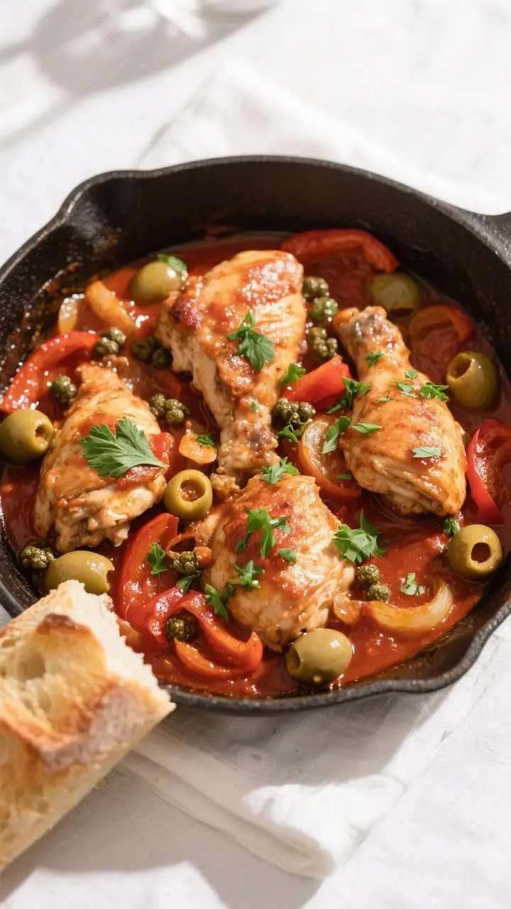 Tasty top view: Overhead shot of finished Italian Chicken Cacciatore in the pan, chicken pieces nest