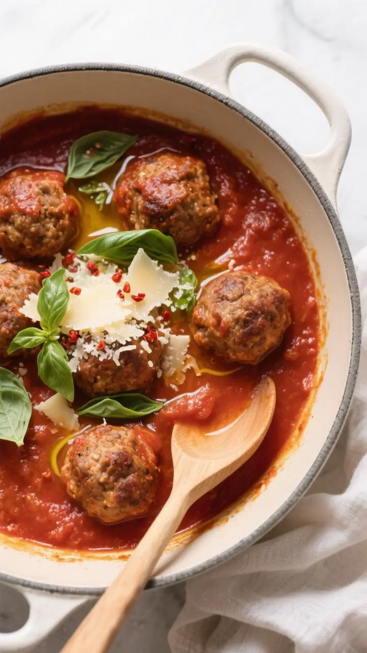 Tasty top view: Overhead shot of meatballs simmering in a velvety marinara, nestled and half-submerg