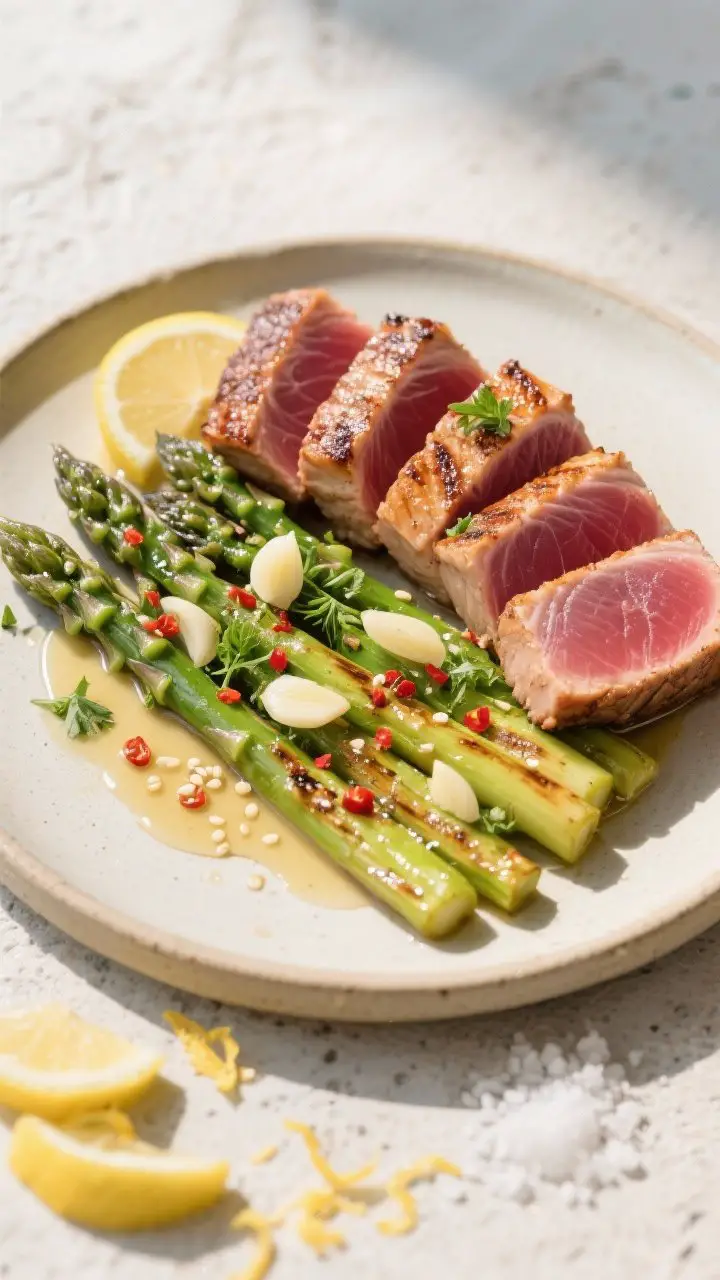 Tasty top view: Overhead shot of the complete Seared Tuna with Lemon Garlic Asparagus, tuna slices a