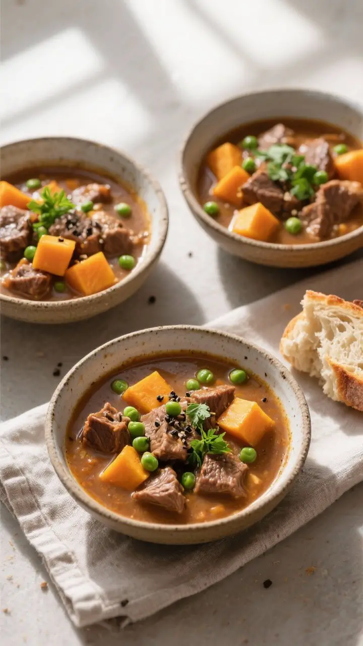Tasty top view: Overhead shot of the finished Comforting Beef and Butternut Squash Stew ladled into