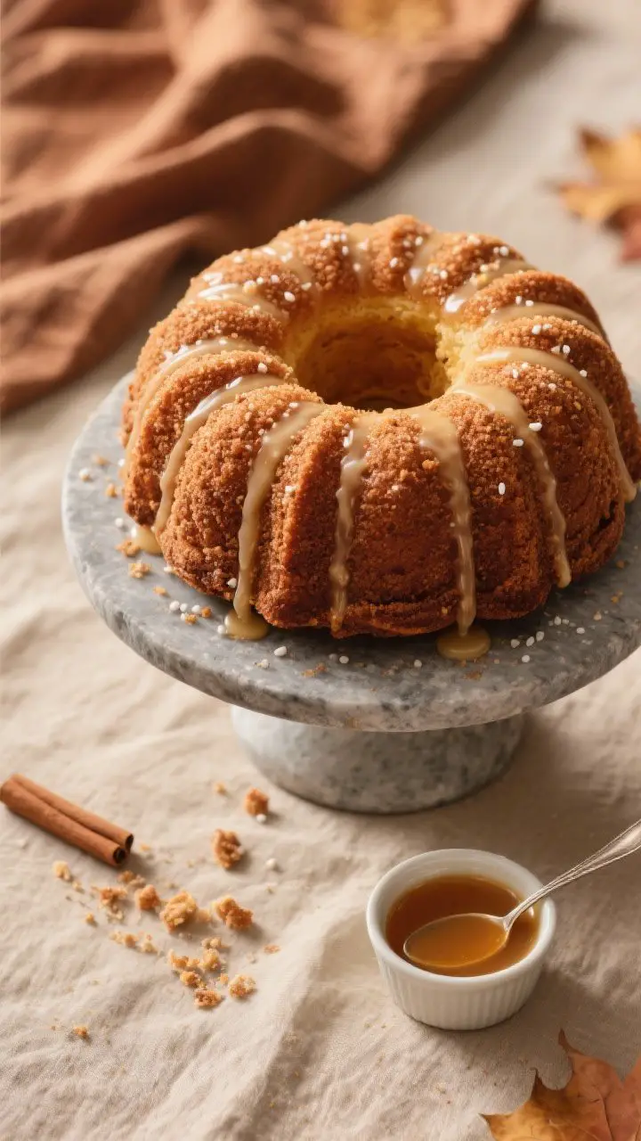 Tasty top view: Overhead shot of the fully coated Apple Cider Donut Bundt Cake on a matte stone cake