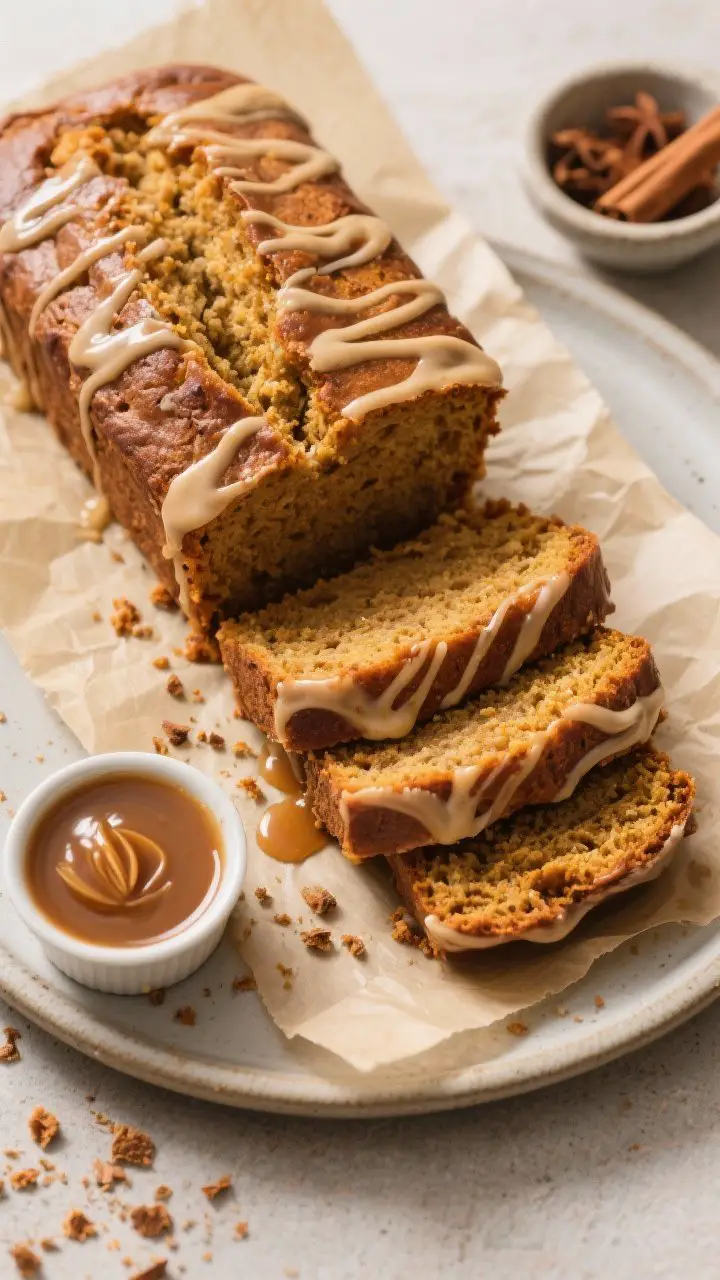 Tasty top view: Overhead shot of the fully cooled and glazed Spiced Pumpkin Bread on parchment with