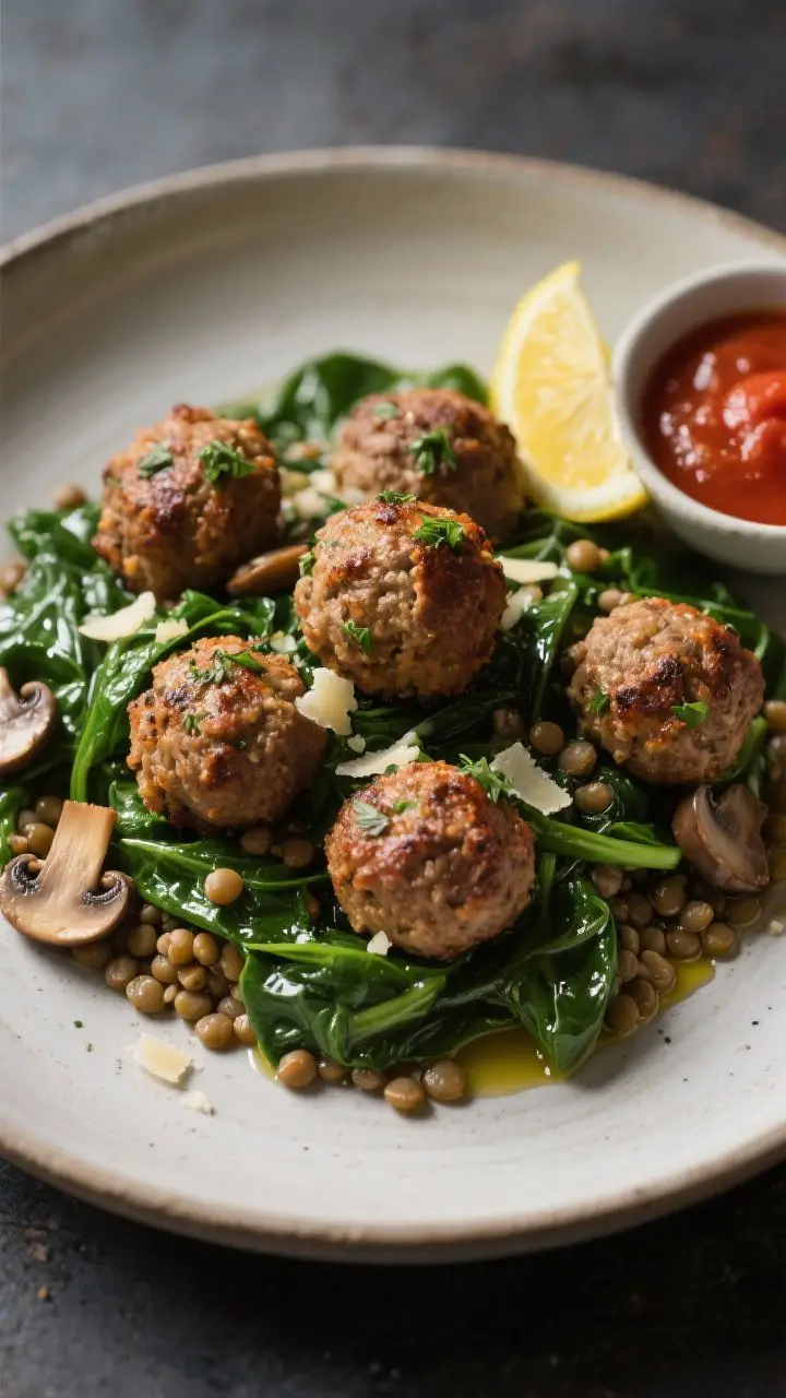 45-degree angle, moody yet fresh shot of Herby Lentil and Mushroom “Meatballs” over garlicky greens: a shallow plate mounded with glossy wilted spinach, topped with browned lentil-mushroom meatballs (oats, Parmesan, tomato paste, Italian seasoning) baked to a firm crust. Lemon wedge ready to squeeze, light sheen of olive oil, a small bowl of marinara on the side. Texture-forward, earthy palette, soft side lighting highlighting the savory crumb.