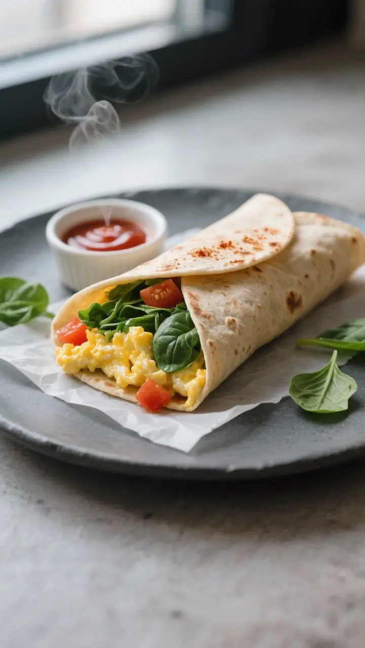 45-degree angle plated presentation of a Savory Spinach Egg Wrap folded to show the cross-section: a warm high-fiber tortilla wrapped snugly around fluffy scrambled eggs with wilted baby spinach, diced tomatoes, and a little reduced-fat cheddar, with a visible dash of hot sauce and a hint of smoked paprika; set on parchment on a matte slate plate with a small ramekin of hot sauce and a few spinach leaves scattered; soft steam rising, natural window light, minimal urban morning vibe.