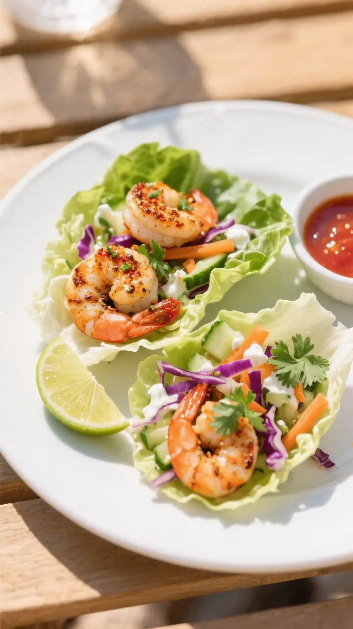 45-degree angle plated presentation of Chili-Lime Shrimp Lettuce Wraps: seared shrimp with light char coated in chili powder, cumin, cayenne, and lime zest piled into crisp butter lettuce cups; tucked with crunchy slaw of shredded purple cabbage, julienned cucumber, and carrot tossed in Greek yogurt, honey, rice vinegar, and lime juice; garnished with chopped cilantro and lime wedges on the side, small bowl of hot sauce nearby; vibrant beachy freshness, clean white plate on a sunlit wooden table.