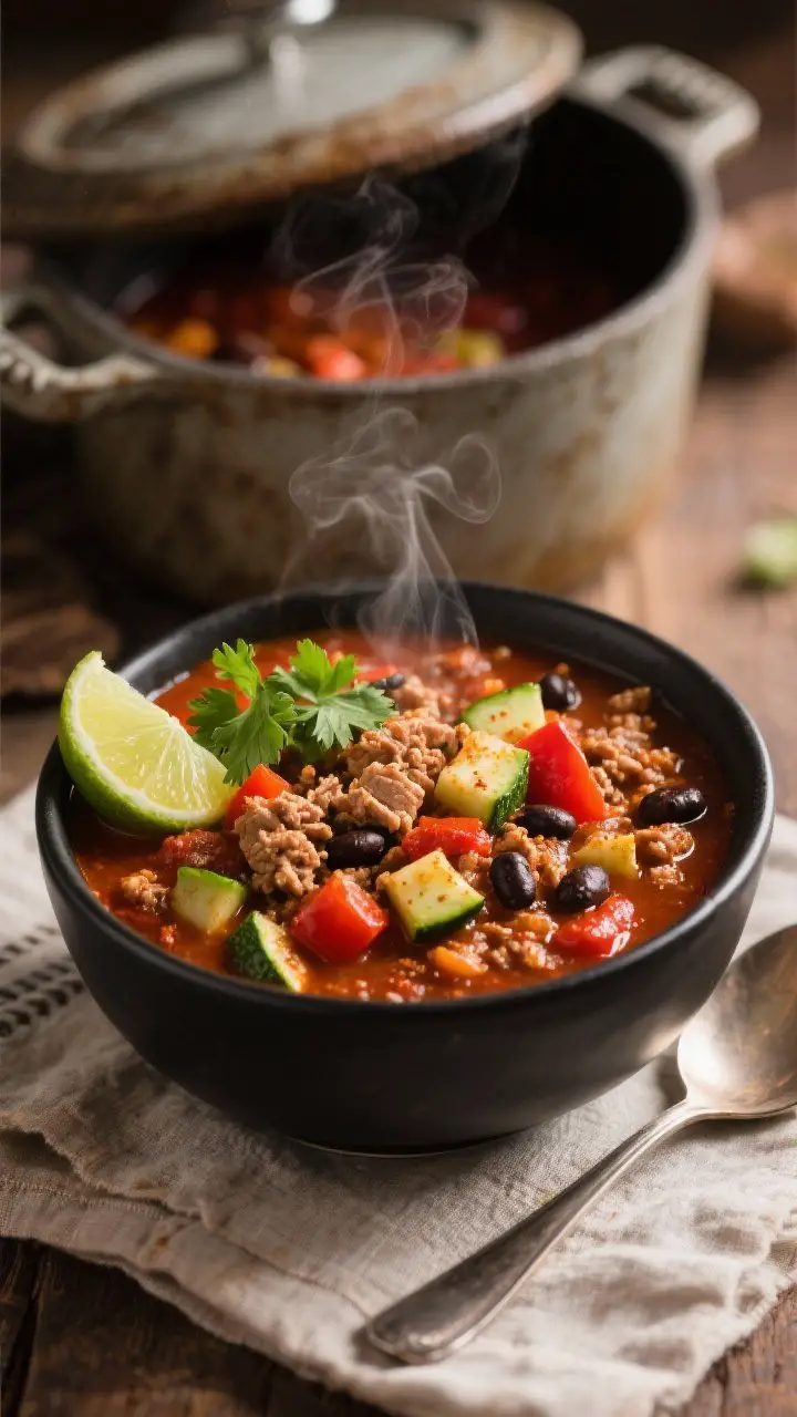 45-degree angle shot of Smoky Turkey Zucchini Chili ladled into a matte black bowl, thick and hearty with visible ground turkey, diced zucchini, red bell pepper, fire-roasted tomatoes, black beans, and a hint of chipotle. Steam rising, garnished with chopped cilantro and a lime wedge on the rim. A rustic pot of chili in the background, a spoon resting on a linen, warm cozy tones emphasizing the smoky paprika color.