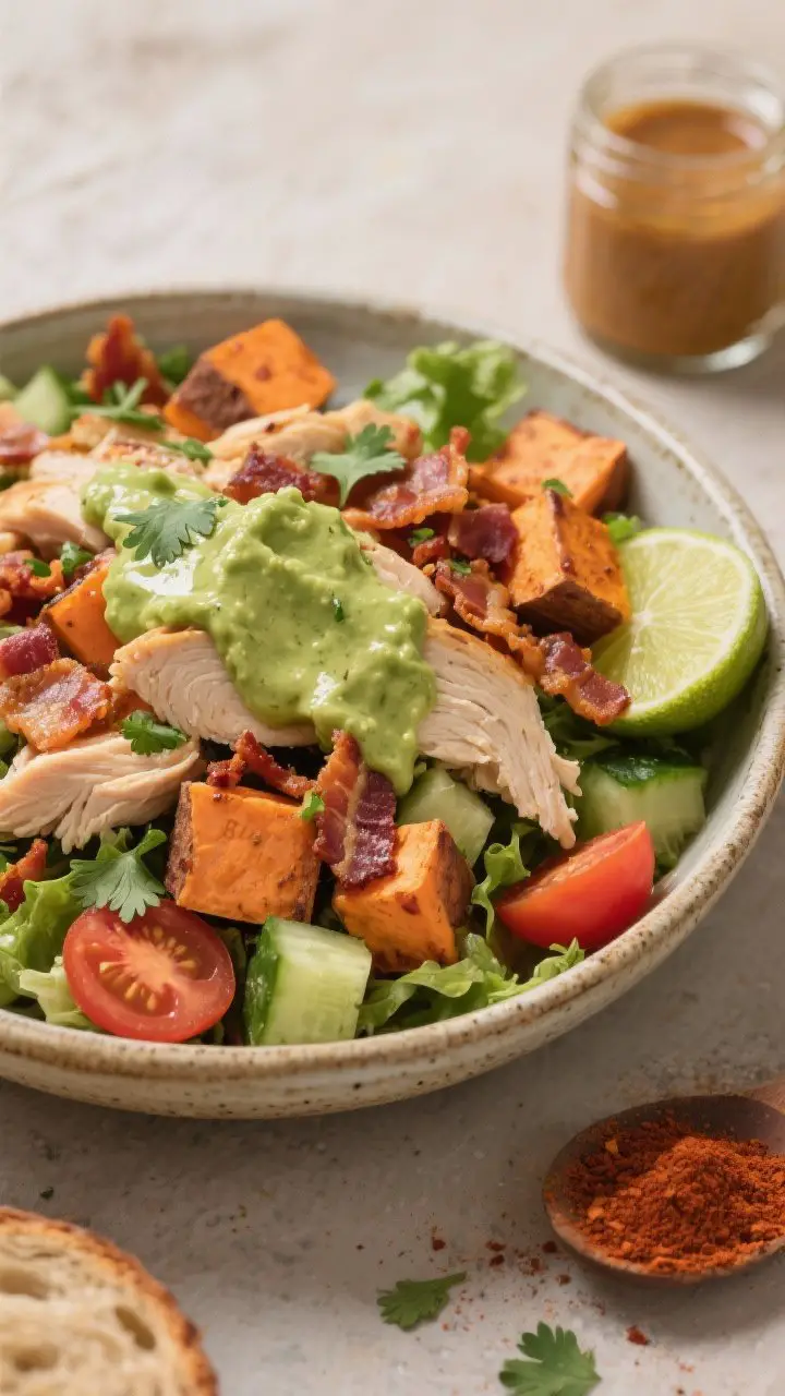 45-degree hearty bowl shot: A smoky chicken, bacon & sweet potato “BLT” salad piled in a rustic stoneware bowl. Caramelized 1/2-inch sweet potato cubes with browned edges, juicy sliced or shredded chicken, chopped romaine, halved cherry tomatoes, diced cucumber, and crisp crumbled bacon on top. A thick, glossy avocado-lime dressing drizzled over, with tiny cilantro leaves scattered. Warm, cozy lighting emphasizing the smoked paprika hue and bacon crispness; a small jar of extra dressing, lime wedge, and a pinch of chipotle powder in frame. No bread, paleo-forward, appetizing and substantial.