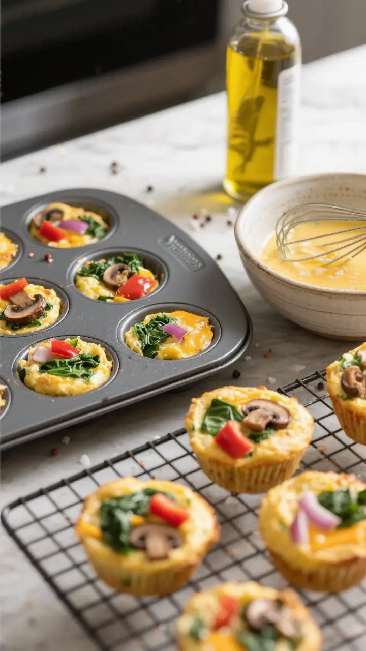 45-degree oven-to-cooling-rack scene of Veggie-Loaded Egg Muffins: a 12-cup muffin tin with golden, fluffy egg muffins studded with chopped spinach, red bell pepper, mushrooms, red onion, and a hint of melted reduced-fat cheddar. A whisked egg mixture bowl with flecks of salt and pepper beside it, and olive oil spray in frame. A few muffins released onto a cooling rack to show texture and lightness. Cozy morning light, crisp details.