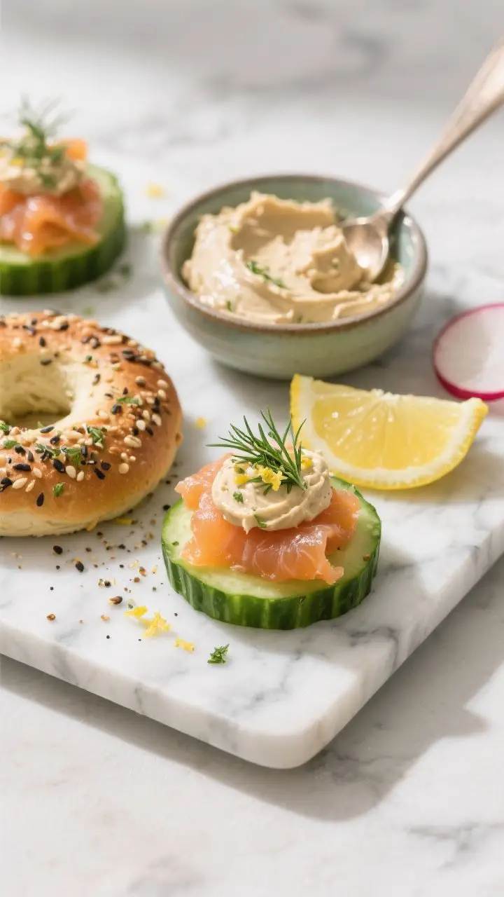 45-degree plated presentation of everything-bagel cucumber bites with smoked salmon “cream cheese”: thick English cucumber rounds topped with silky smoked salmon and a dollop of ultra-smooth herbed cashew spread, sprinkled generously with everything bagel seasoning, flecks of dill and lemon zest as garnish; include a small bowl of the cashew “cream cheese” with a spoon, lemon wedges, thin radish slices off to the side, styled on a cool marble platter for fresh, bagel-shop energy, bright and crisp lighting.