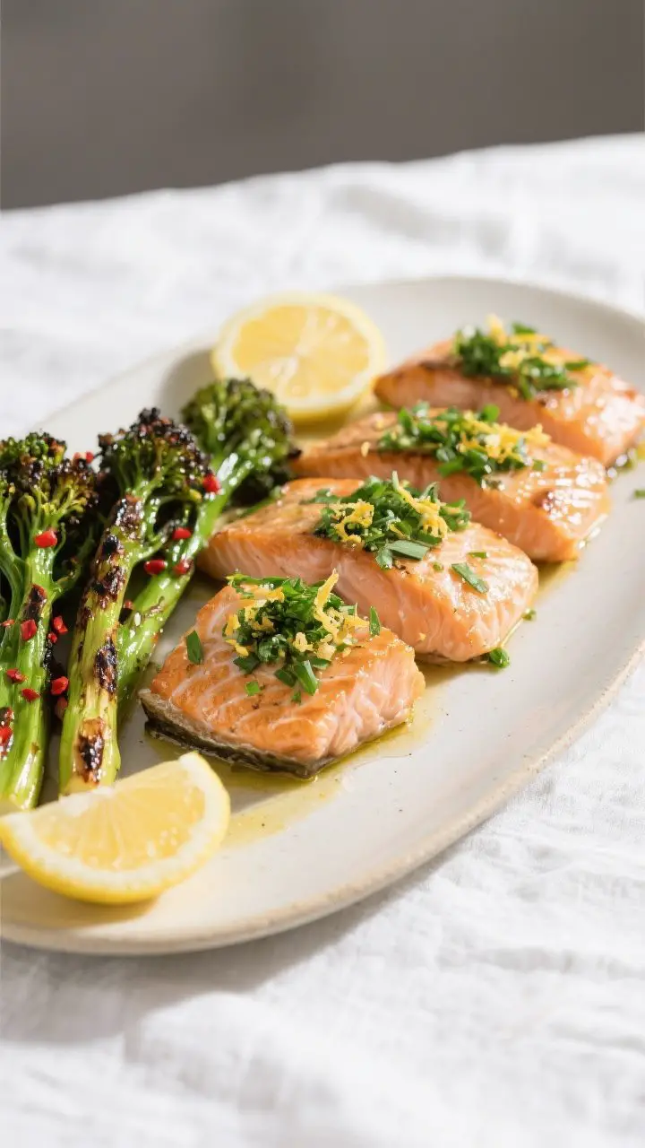 45-degree plated presentation of Garlic-Lemon Salmon with Herb Gremolata and Crispy Broccolini: four skin-on salmon fillets, flaky but still glossy in the center, brushed with lemon-garlic olive oil, topped with a vivid green gremolata of parsley, chives, and lemon zest; charred-edge broccolini spears with red pepper flakes alongside; extra lemon wedges on the plate; clean, bright styling on a light ceramic platter over a white linen, emphasizing citrusy freshness and weeknight elegance, shallow depth of field.
