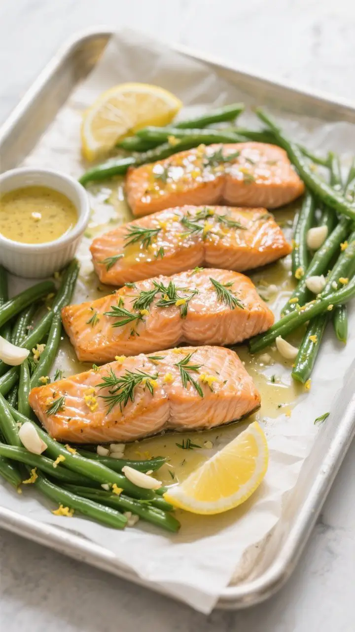45-degree plated presentation of Lemon-Dill Salmon with Garlicky Green Beans: four flaky salmon fillets on a parchment-lined sheet pan, glossy from a lemon-dill-Dijon sauce, sprinkled with fresh dill and lemon zest. Tender-crisp green beans arranged around the salmon with visible minced garlic. Include lemon wedges and a small ramekin of the remaining sauce for drizzling. Light, airy mood, professional studio lighting highlighting the citrus sheen.