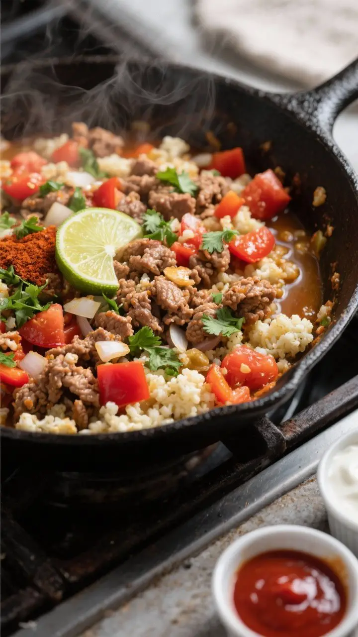 45-degree skillet-in-pan process shot of Turkey Taco Skillet with Cauliflower Rice: lean ground turkey browned with diced onion, garlic, and red bell pepper, seasoned with tomato paste, chili powder, cumin, smoked paprika, oregano, and salt; stirred together with drained diced tomatoes, cauliflower rice, and a splash of chicken broth, steam rising; finished with chopped cilantro and a squeeze of lime, optional ramekins of Greek yogurt and hot sauce at the edge; one-pan weeknight energy, rustic cast-iron on a stovetop.