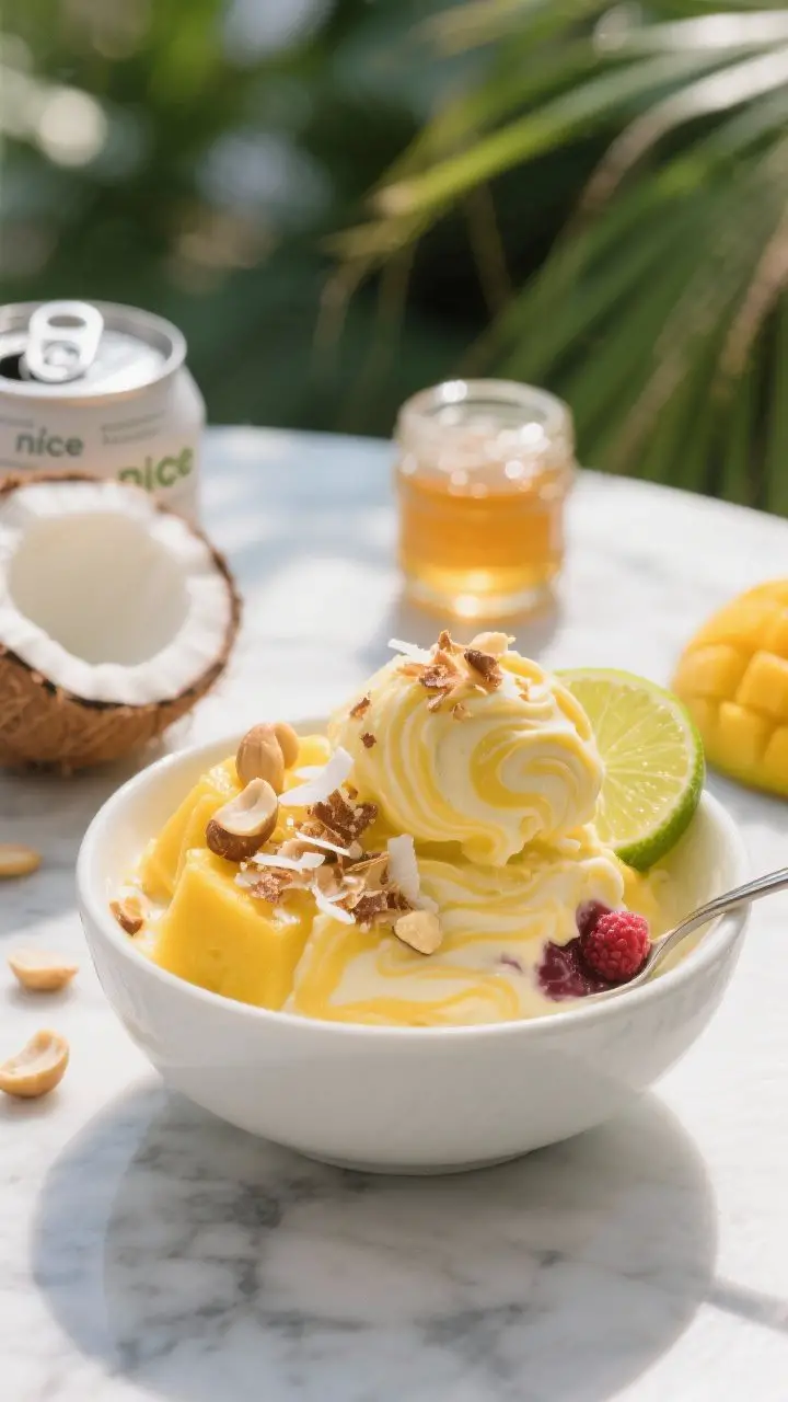 A 45-degree angle, plated presentation of no-churn coconut mango “nice” cream scooped into a chilled bowl with creamy swirls and a soft, scoopable texture. Vibrant golden-yellow color from ripe mango, topped with toasted coconut flakes, chopped macadamias, and a fresh lime wedge with a tiny squeeze glistening on top. A can of full-fat coconut milk (unlabeled, open) and a small jar of raw honey sit blurred in the background. Bright, sunny lighting with tropical mood; cool marble surface for contrast. Include a spoon revealing smooth, silky texture; optional ripple of raspberry puree faintly marbled through one scoop.
