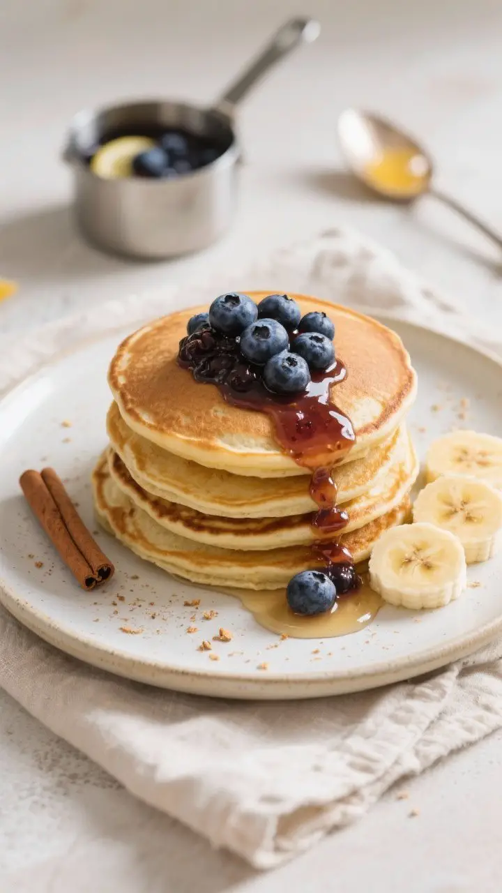 A 45-degree plated presentation of Almond Flour Banana Pancakes stacked high, golden and tender, with warm blueberry compote cascading down the sides. Visible flecks of cinnamon, a few fresh banana slices tucked on the plate, and a gloss from coconut oil. In the background, a small saucepan with the glossy compote (blueberries, lemon, hint of honey) and a spoon. Shot on a light ceramic plate atop a linen napkin, soft morning light, tight depth of field to emphasize the syrupy compote sheen.