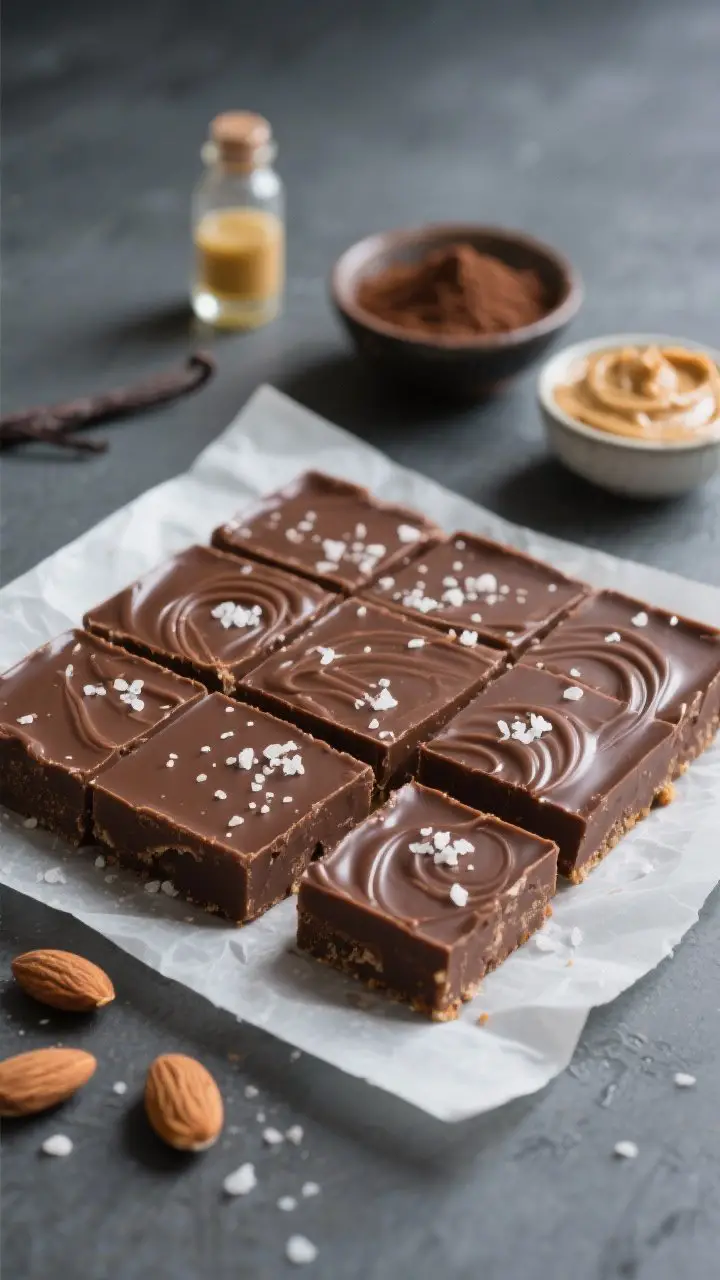 A close-up, straight-on shot of salted chocolate almond butter freezer fudge sliced into neat squares, arranged on a parchment-lined 8x8 slab with overhanging paper. The glossy, deeply cacao-brown surface is generously sprinkled with flaky sea salt crystals that catch the light. Visible swirls hint at almond butter richness; a few squares are slightly separated to show the smooth, firm interior with a clean snap. Include small bowls of creamy almond butter, melted coconut oil, cacao powder, and a vial of vanilla extract in soft focus behind. Cool, moody lighting with subtle condensation to suggest it’s served cold from the freezer; minimalist matte slate backdrop for a luxe Paleo vibe.