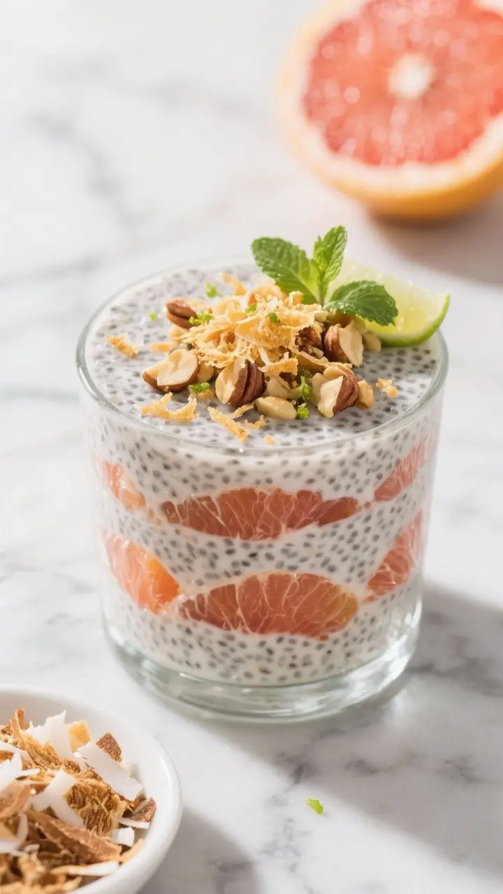 A layered parfait close-up in a clear glass of Chia Pudding with Toasted Coconut and Citrus: thick, speckled chia pudding made with almond or coconut milk, alternating with juicy grapefruit or orange segments, topped with golden toasted shredded coconut and chopped mixed nuts. Finishing touches of lime zest and a tiny sprig of fresh mint. Shot at a 45-degree angle to showcase layers, on a cool marble surface with a small dish of extra toasted coconut and a halved citrus fruit in the background, crisp, bright lighting for a refreshing feel.
