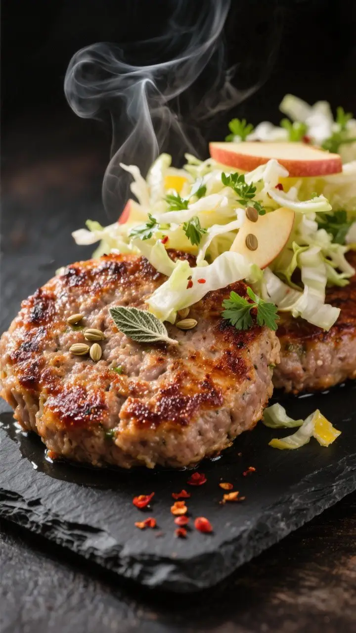 A straight-on close-up of Savory Breakfast Sausage Patties seared to a caramelized crust, steam rising, served alongside (and partially topped with) a crisp Herb Apple Slaw: julienned Honeycrisp apple, shredded cabbage, and parsley lightly dressed with olive oil and lemon. Visible fennel seeds and flecks of dried sage in the patties, with a pinch of red pepper flakes scattered on the board. Shot on a dark slate platter to contrast the bright slaw, moody side lighting to highlight textures and juiciness.
