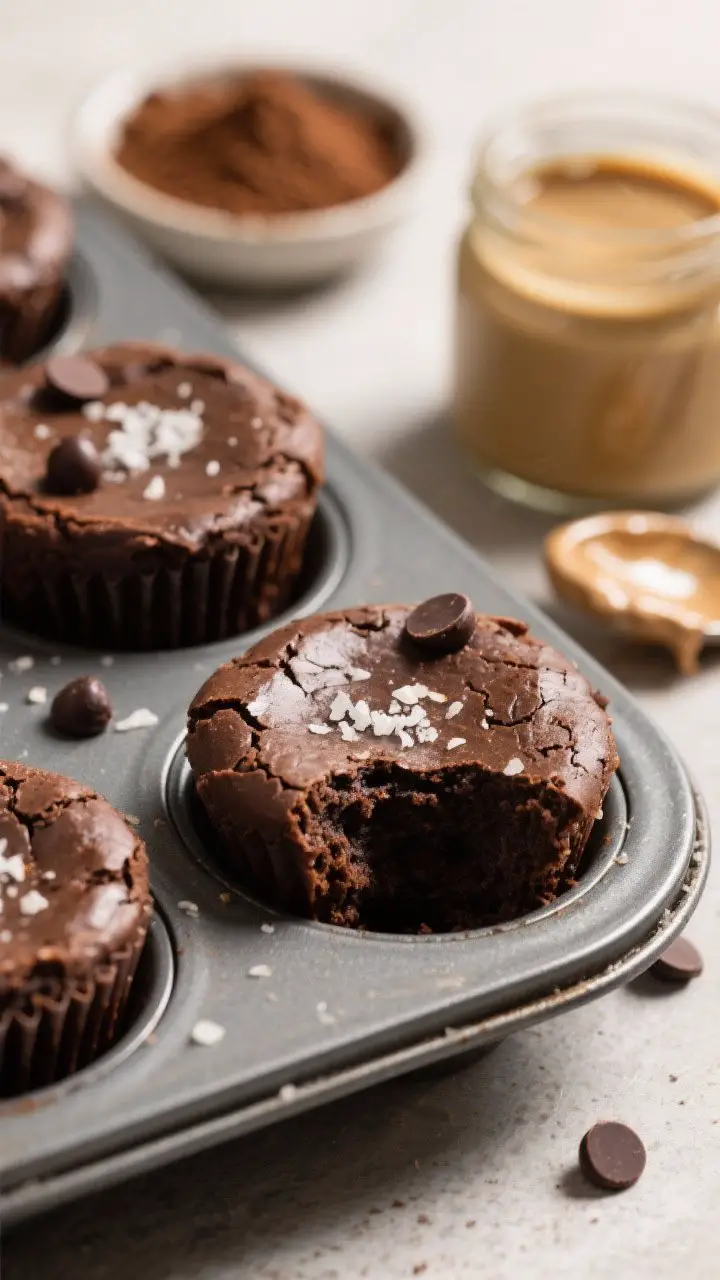A tight macro close-up of flourless tahini brownie bites in a mini muffin tin, just out of the oven. The tops are slightly cracked and fudgy with a dark cacao sheen; a few bites are sprinkled with flaky sea salt and tiny Paleo-friendly dark chocolate chips. A dusting of instant espresso powder sits in a tiny dish nearby, along with a jar of tahini and a spoon streaked with batter. Warm, focused side lighting to emphasize moist crumb and glossy edges; shallow depth of field highlighting the truffle-like interior in one bite that’s been cut open.
