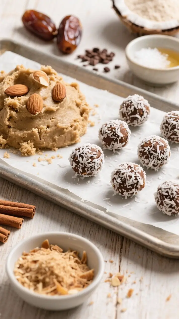 An ingredients-to-finish process scene at a 45-degree angle: cinnamon-date “cookie dough” truffles rolled in lightly toasted shredded coconut, arranged on a parchment-lined tray. Foreground shows a small bowl of toasted coconut for coating, while the midground features a mound of sticky dough flecked with almond meal, and a few uncoated 1-inch balls. Include visible Medjool dates (pitted), raw almonds, almond flour, melted coconut oil, vanilla extract, ground cinnamon, and a pinch bowl of sea salt; optional cacao nibs sprinkled nearby. Clean, bright light with natural wood surface, showcasing chewy texture and the crunchy coconut coating.