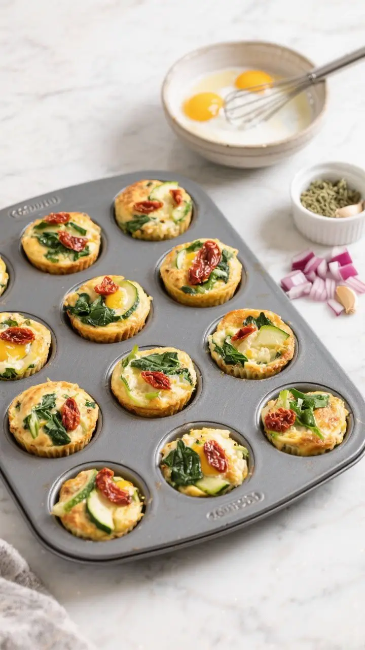 An overhead batch-prep scene of Veggie-Packed Egg Muffins cooling in a 12-cup muffin tin: golden, slightly puffed tops dotted with chopped sun-dried tomatoes, wilted spinach, and fine shreds of zucchini. A small bowl with whisked eggs and coconut milk nearby, plus a ramekin of dried oregano and garlic powder, and a little pile of finely diced red onion. Clean, bright kitchen surface, organized mise en place, natural daylight for a fresh, meal-prep mood.